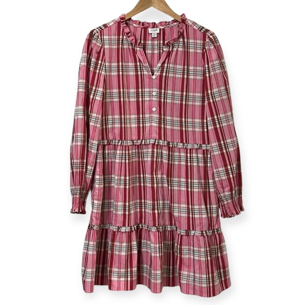J.Crew Women’s Plaid Ruffle Tiered Dress Pink Long Sleeve Boho Cottagecore 12